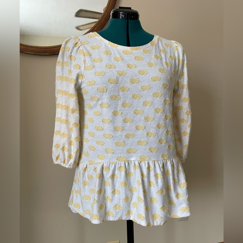 Loft size small 3/4 sleeve top with ruffles and yellow embroidered dots pattern